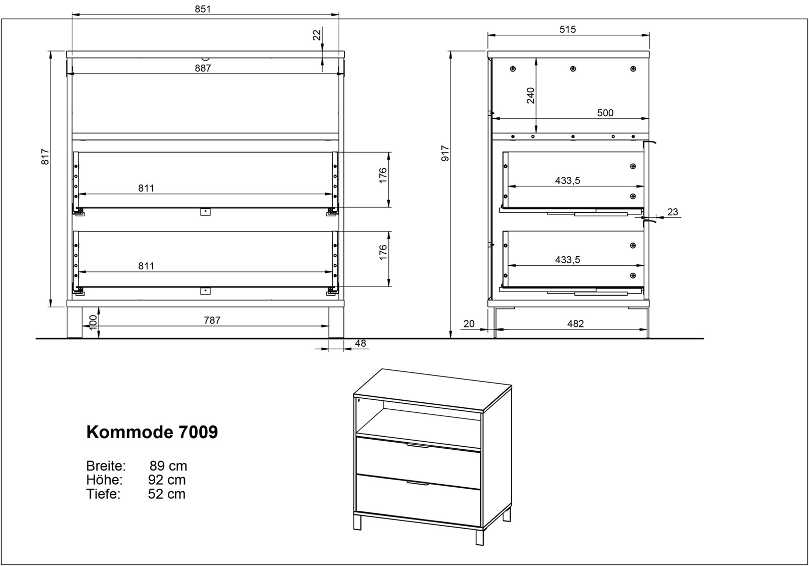 Technische Zeichnung einer schmalen Kommode mit zwei Schubladen, Vorder- und Seitenansicht, Maße angegeben.