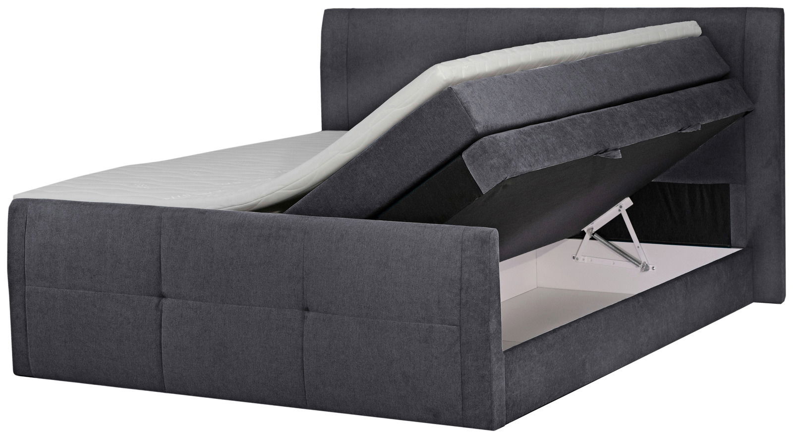 Boxspringbett 160 in dunklem Stoff mit geöffneter Bettkastenfunktion, seitliche Perspektive
