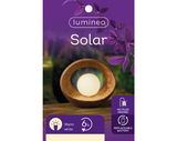 Solarbetriebene Lampe mit Holzrahmen und warmweißem Licht, Vorderansicht