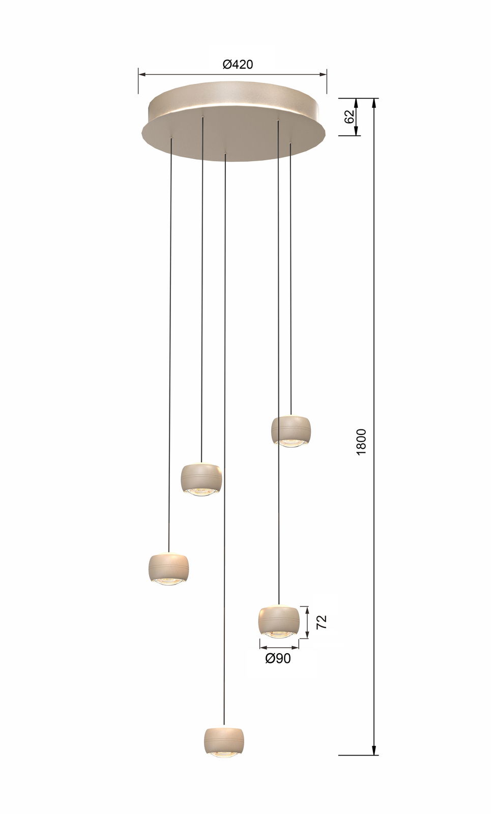 LED-Pendelleuchte mit fünf hängenden Leuchtkörpern, seitliche Perspektive