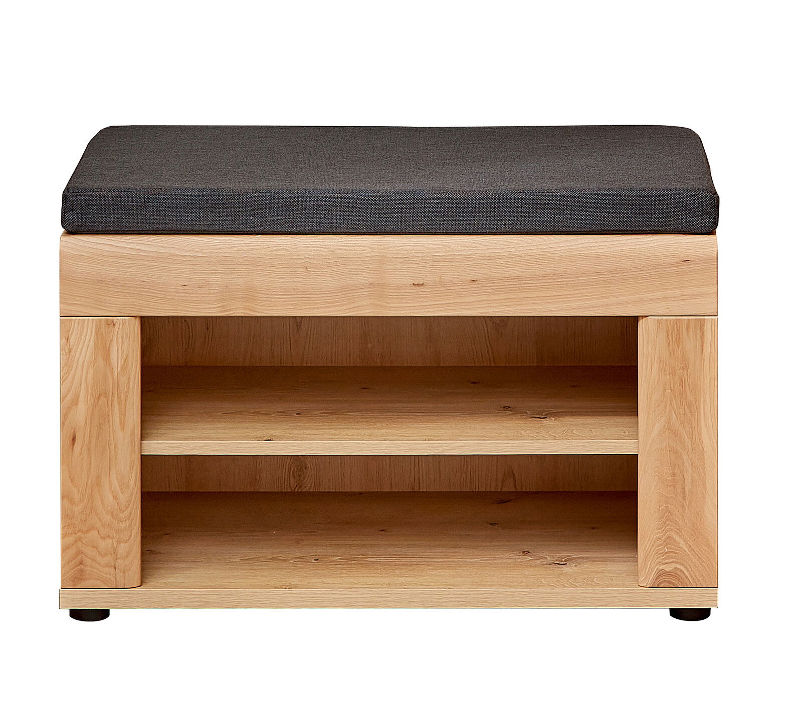 Linea Natura Garderobenbank MALAGA Garderobenbank aus Holz mit dunklem Sitzpolster, frontal betrachtet