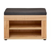 Garderobenbank aus Holz mit dunklem Sitzpolster, frontal betrachtet