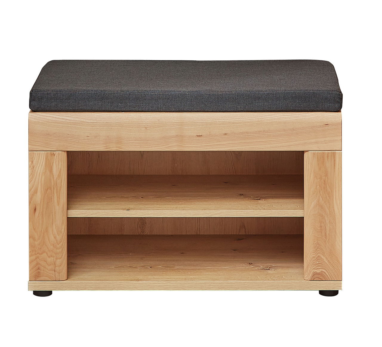 Garderobenbank aus Holz mit dunklem Sitzpolster, frontal betrachtet