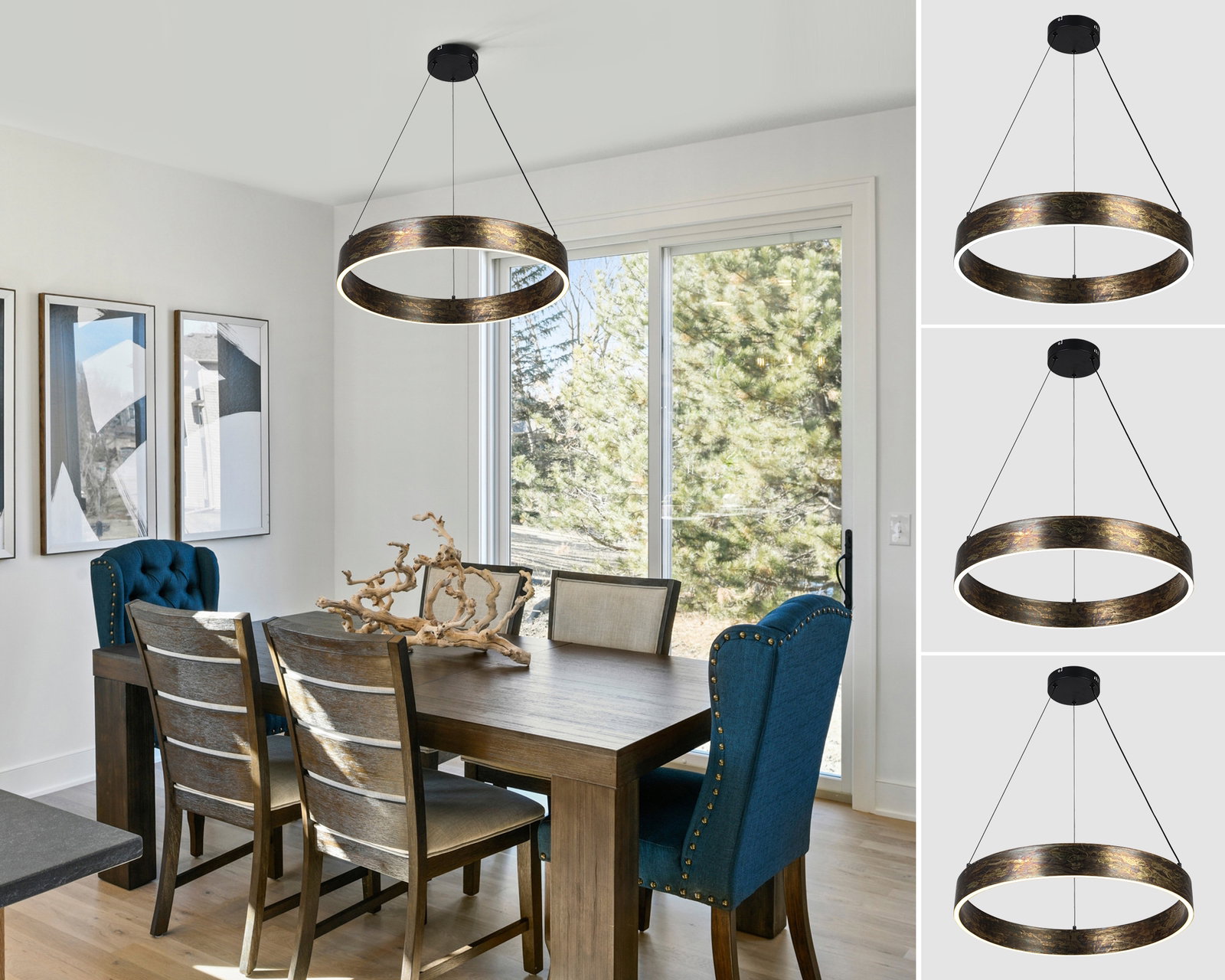 Moderne LED-Hängeleuchte in Ringform, aus dunklem Metall, hängt über einem Esstisch in einem hellen Raum. Perspektive: seitlich und frontal.