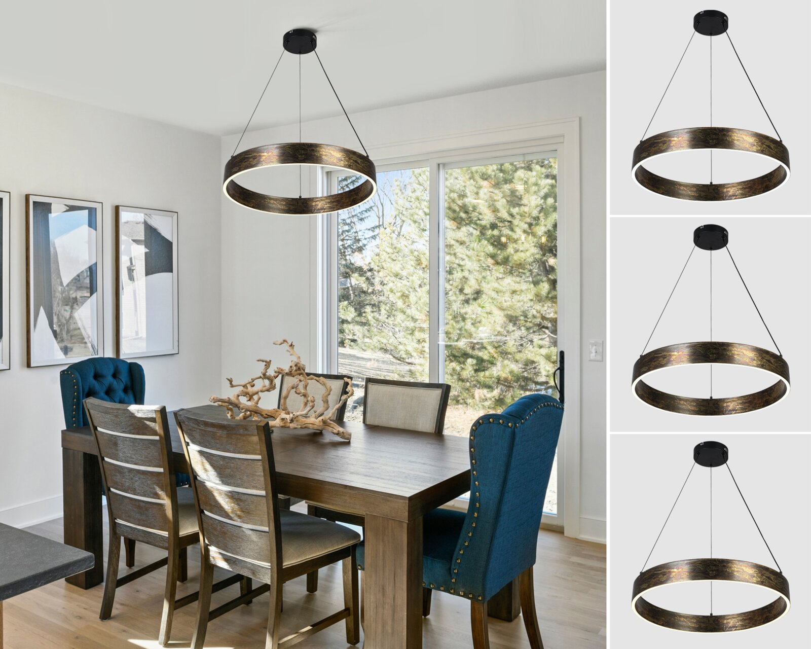 Moderne LED-hanglamp in de vorm van een ring, van donker metaal, hangt boven een eettafel in een lichte ruimte. Perspectief: zijaanzicht en vooraanzicht.