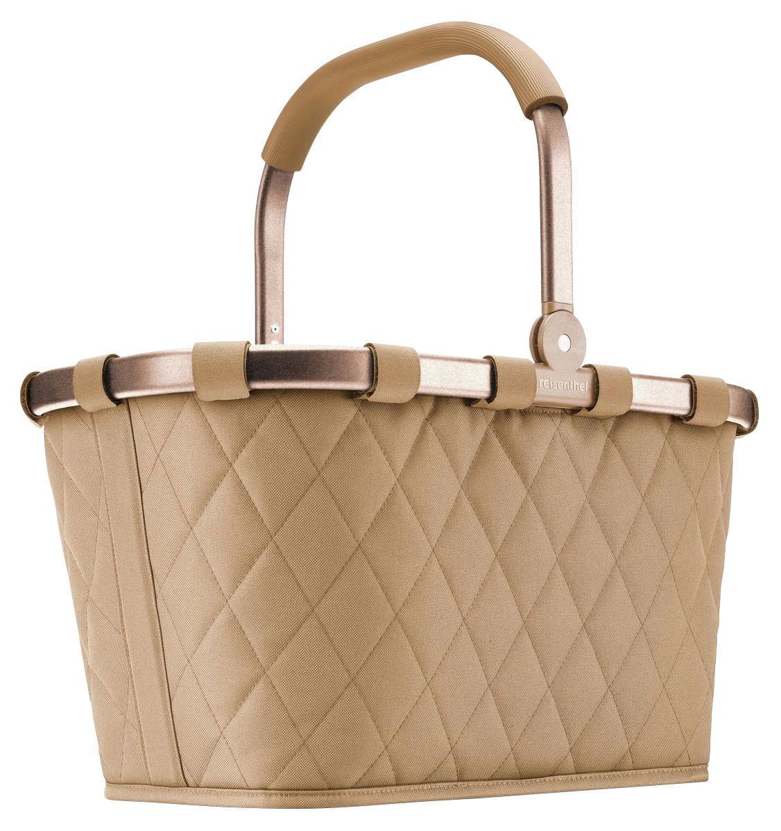Reisenthel Carrybag Frame Rhombus Ginger Carrybag in Rhombus Ginger Design, seitliche Perspektive, mit gestepptem Muster und stabilem Griff.
