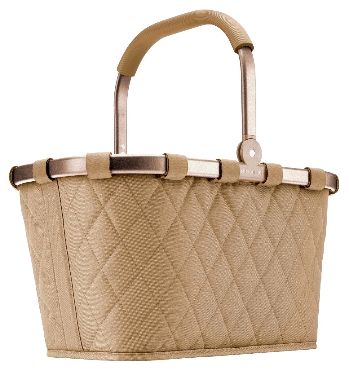 Reisenthel Carrybag Frame Rhombus Ginger Carrybag in Rhombus Ginger Design, seitliche Perspektive, mit gestepptem Muster und stabilem Griff.
