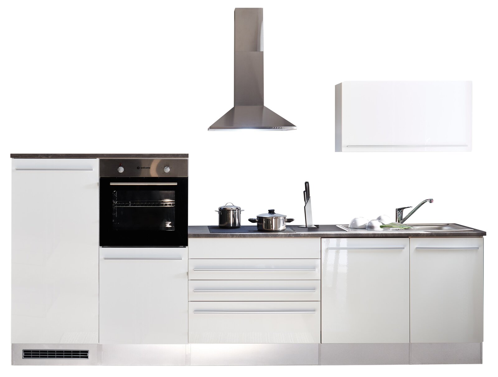 Moderne Küchenzeile in Weiß mit integriertem Backofen, Kochfeld, Dunstabzugshaube und Spüle, frontal betrachtet.