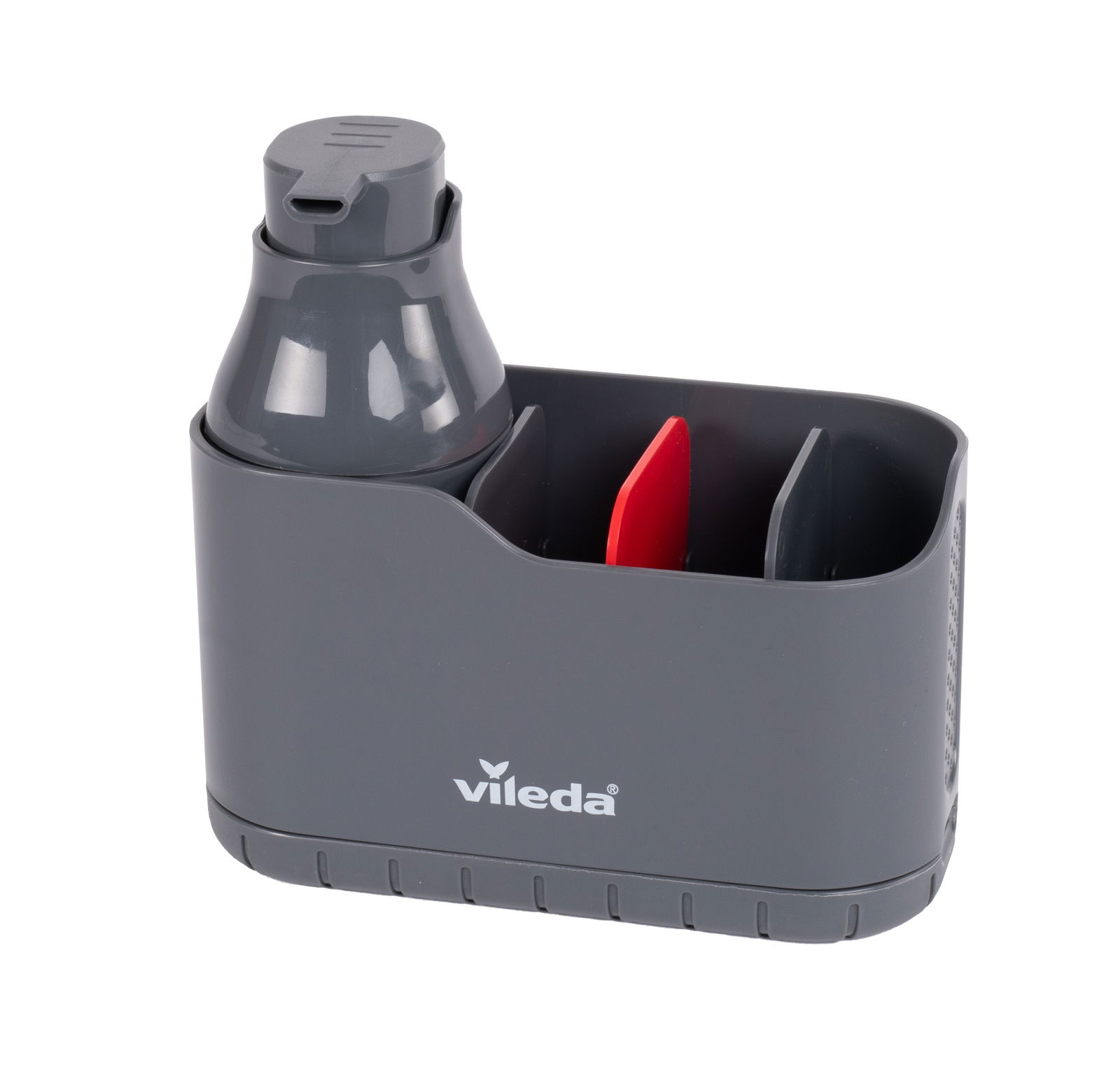 Grauer Spülbeckenorganizer mit Seifenspender und Fächern, seitliche Perspektive