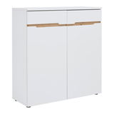 Weiße Kommode XORA MEMPHIS mit zwei Schubladen und Holzdetails, seitliche Perspektive