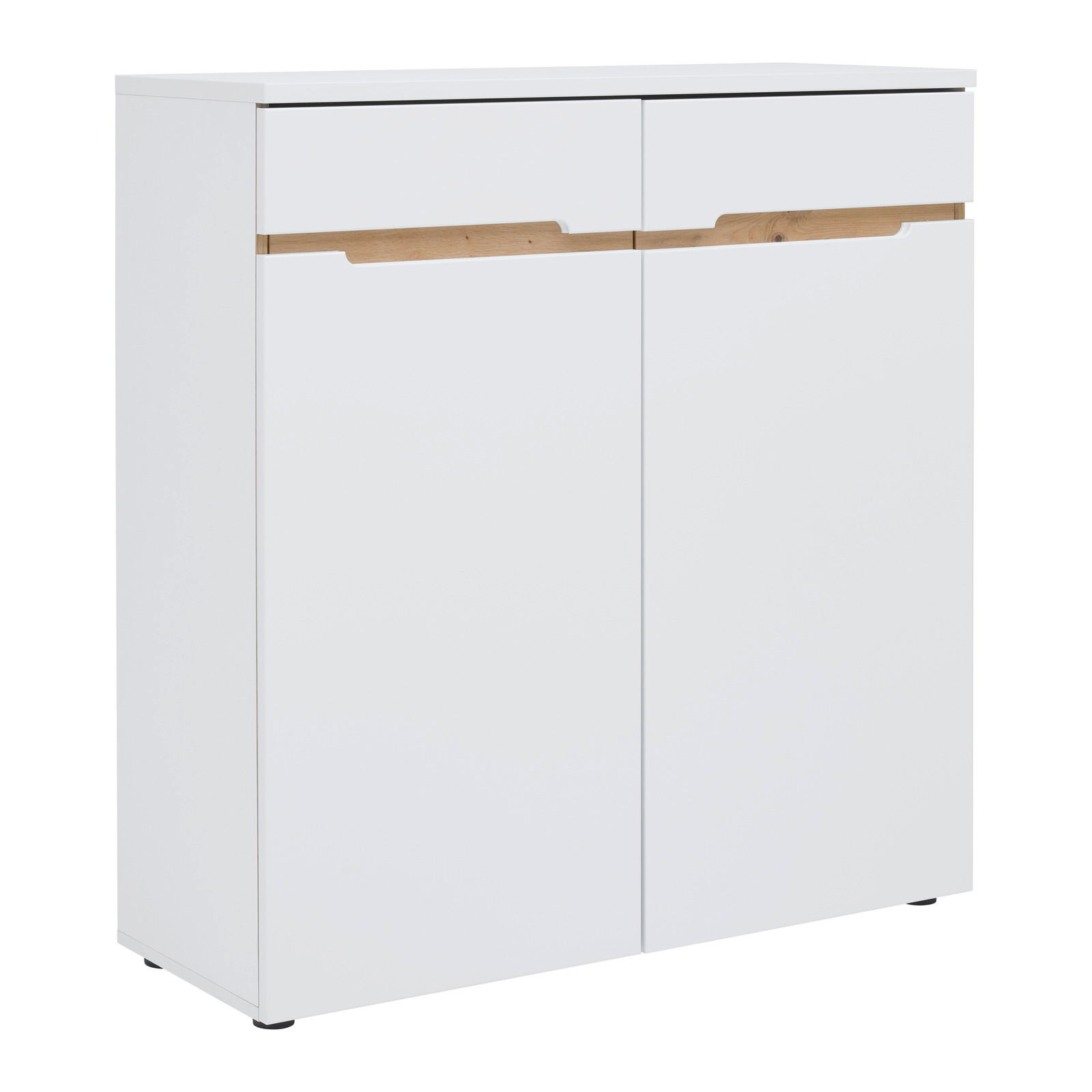 Weiße Kommode XORA MEMPHIS mit zwei Schubladen und Holzdetails, seitliche Perspektive