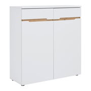 Weiße Kommode XORA MEMPHIS mit zwei Schubladen und Holzdetails, seitliche Perspektive