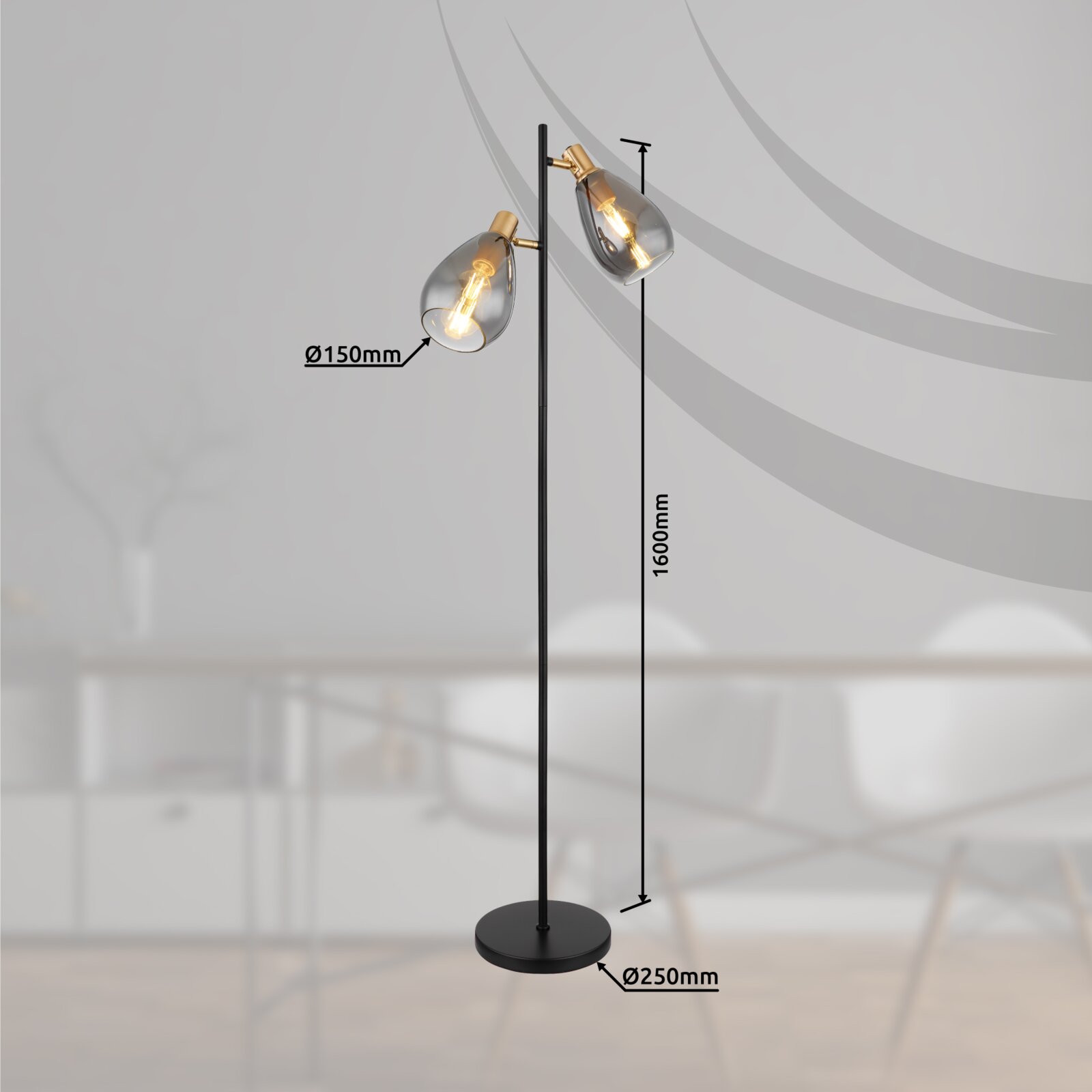 Moderne Stehleuchte mit zwei Glühbirnen, schwarzem Ständer und runder Basis, seitliche Perspektive.