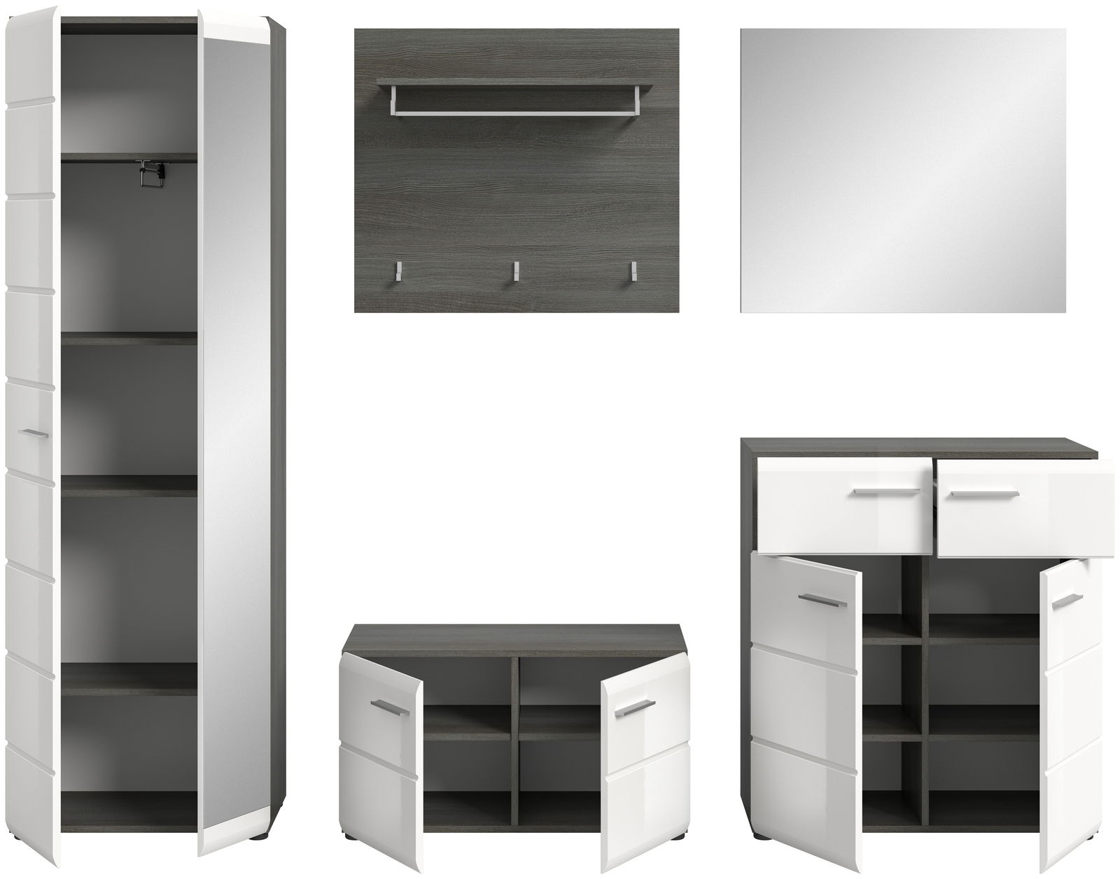 Garderobenkombination SALSA bestehend aus einem hohen Schrank, einer Wandgarderobe mit Haken und Ablage, einem Spiegel, einem niedrigen Schuhschrank und einem Kommodenschrank, frontal abgebildet.