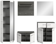 Garderobenkombination SALSA bestehend aus einem hohen Schrank, einer Wandgarderobe mit Haken und Ablage, einem Spiegel, einem niedrigen Schuhschrank und einem Kommodenschrank, frontal abgebildet.
