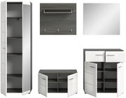 Garderobenkombination SALSA bestehend aus einem hohen Schrank, einer Wandgarderobe mit Haken und Ablage, einem Spiegel, einem niedrigen Schuhschrank und einem Kommodenschrank, frontal abgebildet.