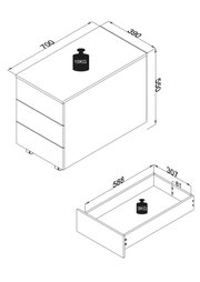 Technische Zeichnung eines rollbaren Schubladencontainers mit drei Schubladen, Maße ca. 700 × 390 × 550 mm und Belastungsangaben (Deckplatte 10 kg, Schublade 3 kg), dargestellt in schräger Perspektive von oben/vorne.