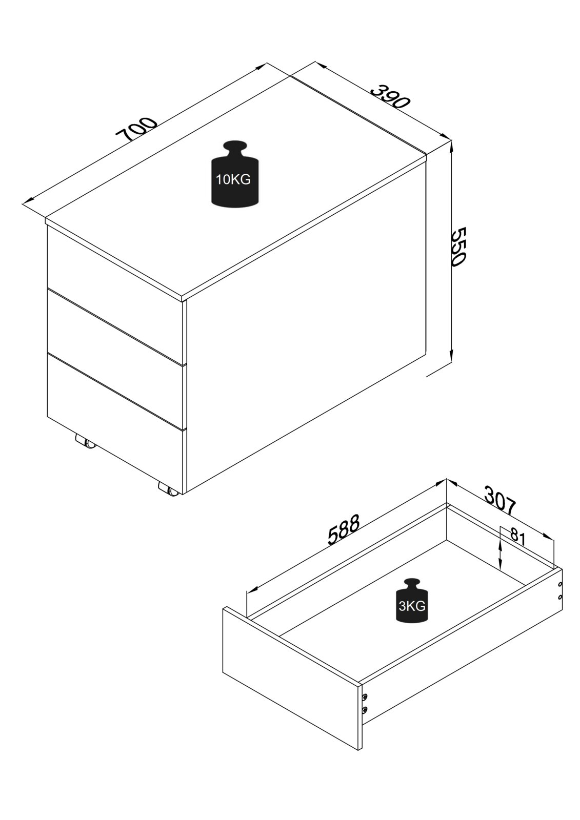 Technische Zeichnung eines rollbaren Schubladencontainers mit drei Schubladen, Maße ca. 700 × 390 × 550 mm und Belastungsangaben (Deckplatte 10 kg, Schublade 3 kg), dargestellt in schräger Perspektive von oben/vorne.
