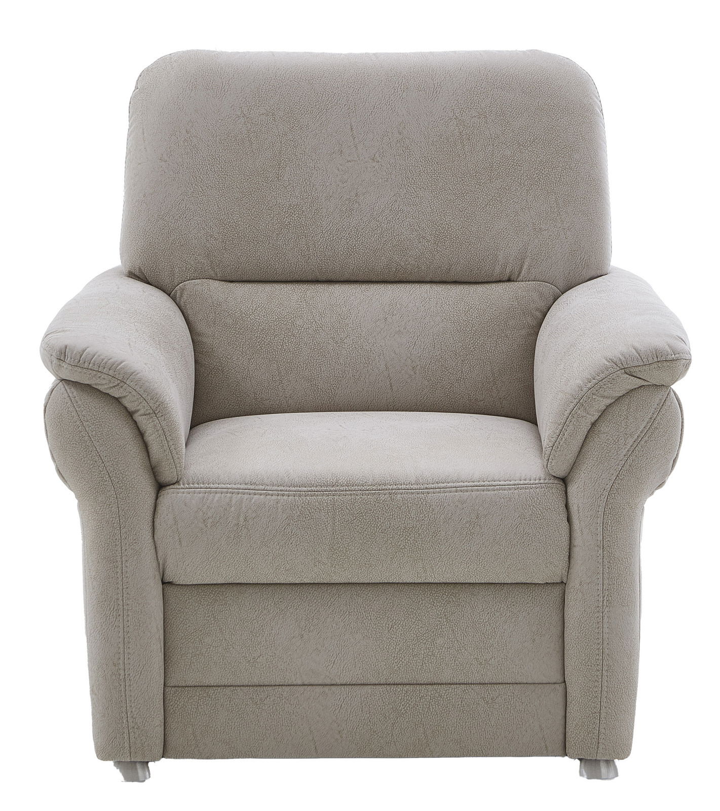 Beiger Sessel mit weichen Armlehnen und Rückenlehne, Frontalansicht