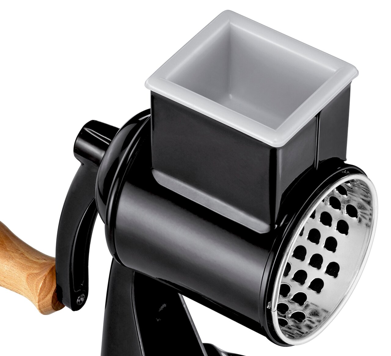 Nahaufnahme einer schwarzen Trommelreibe CLASSIC mit Holzgriff, seitliche Perspektive.