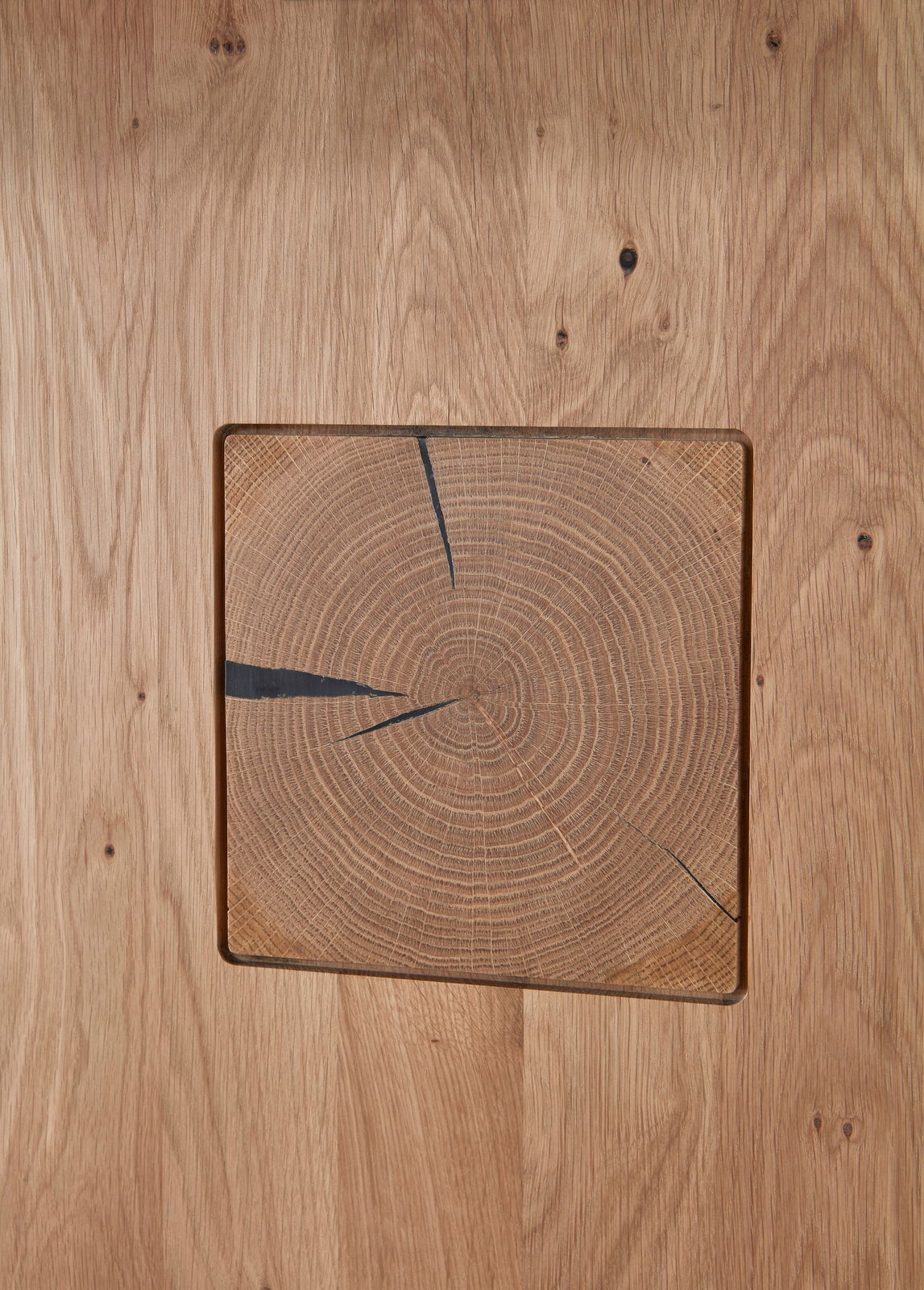 Nahaufnahme einer Holzoberfläche mit sichtbaren Jahresringen und natürlichen Rissen, quadratisches Design.