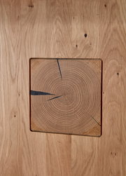 Nahaufnahme einer Holzoberfläche mit sichtbaren Jahresringen und natürlichen Rissen, quadratisches Design.