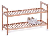 Schuhregal aus Holz mit zwei Ablagen, seitliche Perspektive, ein Paar weiße Schuhe auf der unteren Ablage