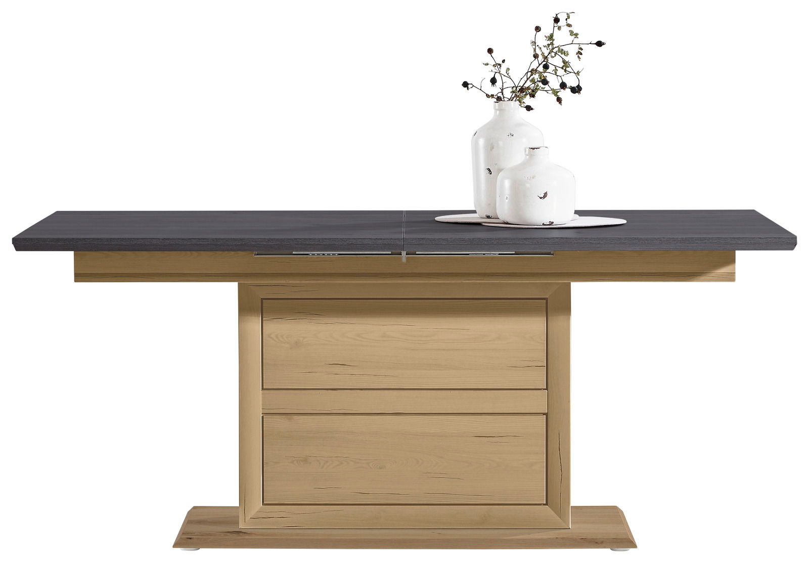 Moderner Funktions-Esstisch mit dunkler Tischplatte und hellem Holzgestell, frontal abgebildet, dekoriert mit zwei weißen Vasen.