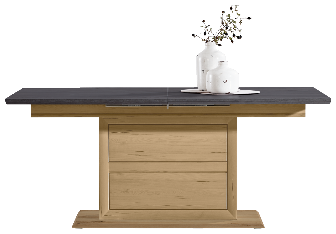 Moderner Funktions-Esstisch mit dunkler Tischplatte und hellem Holzgestell, frontal abgebildet, dekoriert mit zwei weißen Vasen.