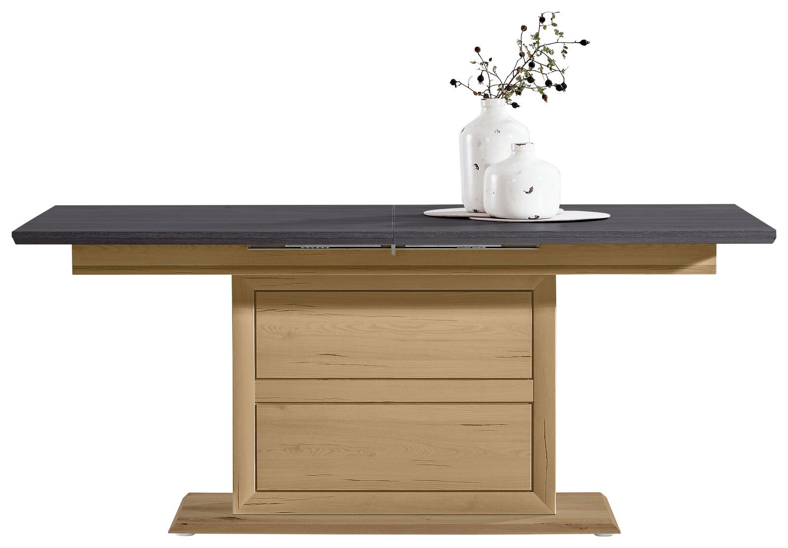 Moderner Funktions-Esstisch mit dunkler Tischplatte und hellem Holzgestell, frontal abgebildet, dekoriert mit zwei weißen Vasen.