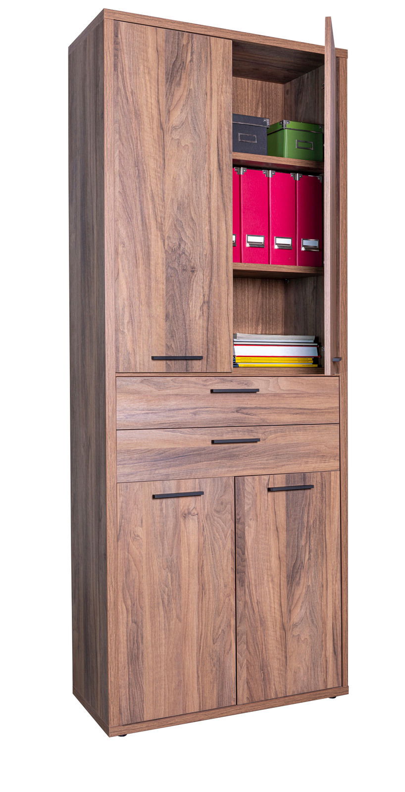 Holzregal mit sechs Fächern, teilweise geöffnet, gefüllt mit Ordnern und Boxen, aus schräger Perspektive fotografiert.