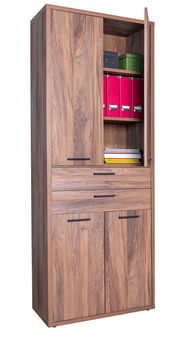 Holzregal mit sechs Fächern, teilweise geöffnet, gefüllt mit Ordnern und Boxen, aus schräger Perspektive fotografiert.