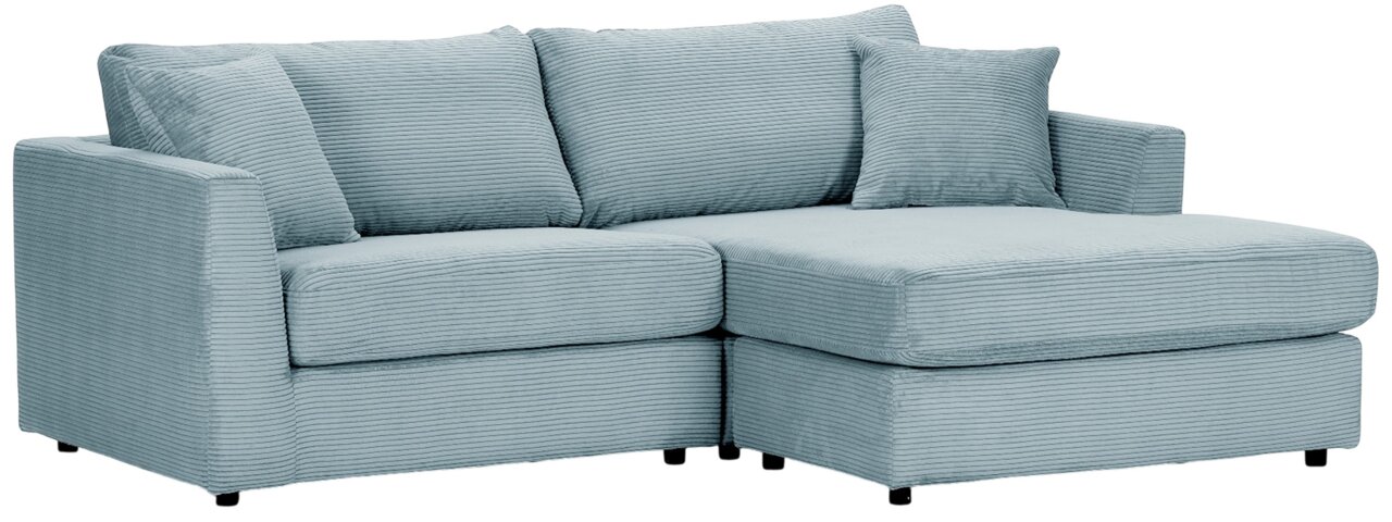 Hellblaues Sofa mit Rillenstruktur, Perspektive von vorne rechts