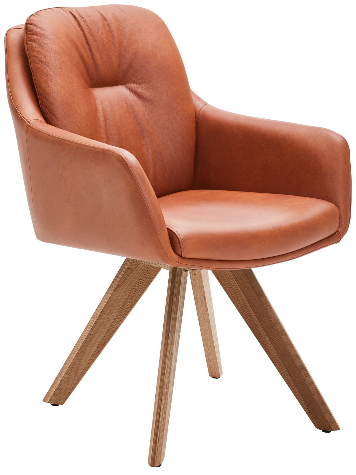 Moderner Armlehnstuhl aus braunem Leder mit Holzbeinen, seitliche Perspektive