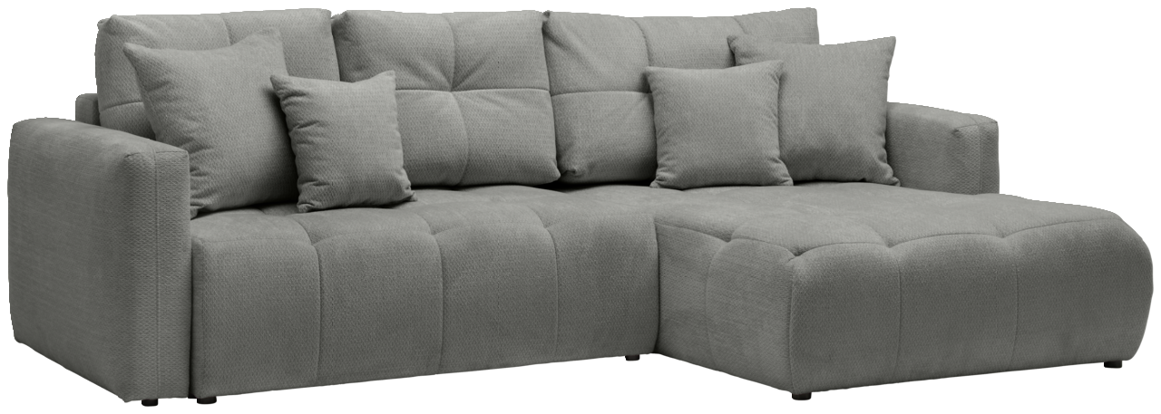 Graues Ecksofa mit mehreren Kissen, Perspektive von vorne rechts