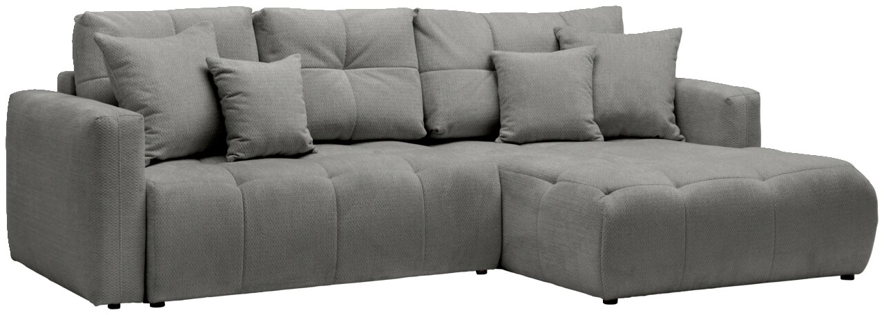 Hom´in Ecksofa London Graues Ecksofa mit mehreren Kissen, Perspektive von vorne rechts