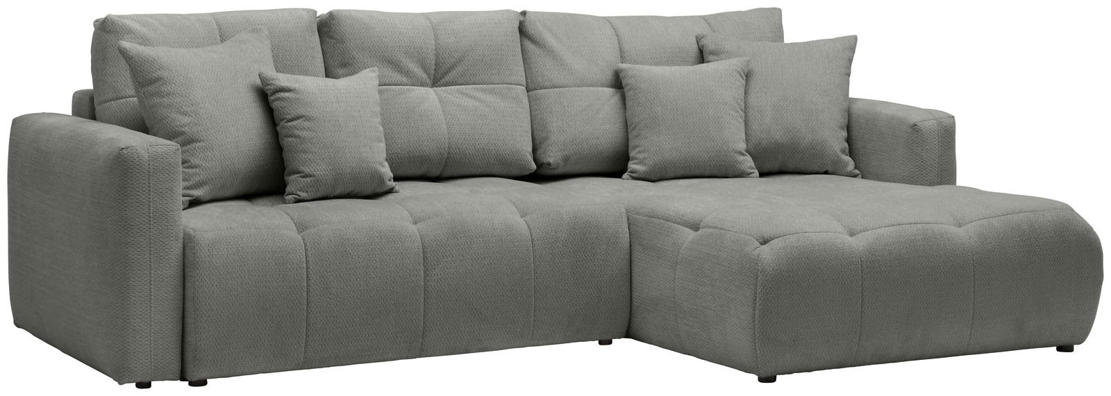 Graues Ecksofa mit mehreren Kissen, Perspektive von vorne rechts