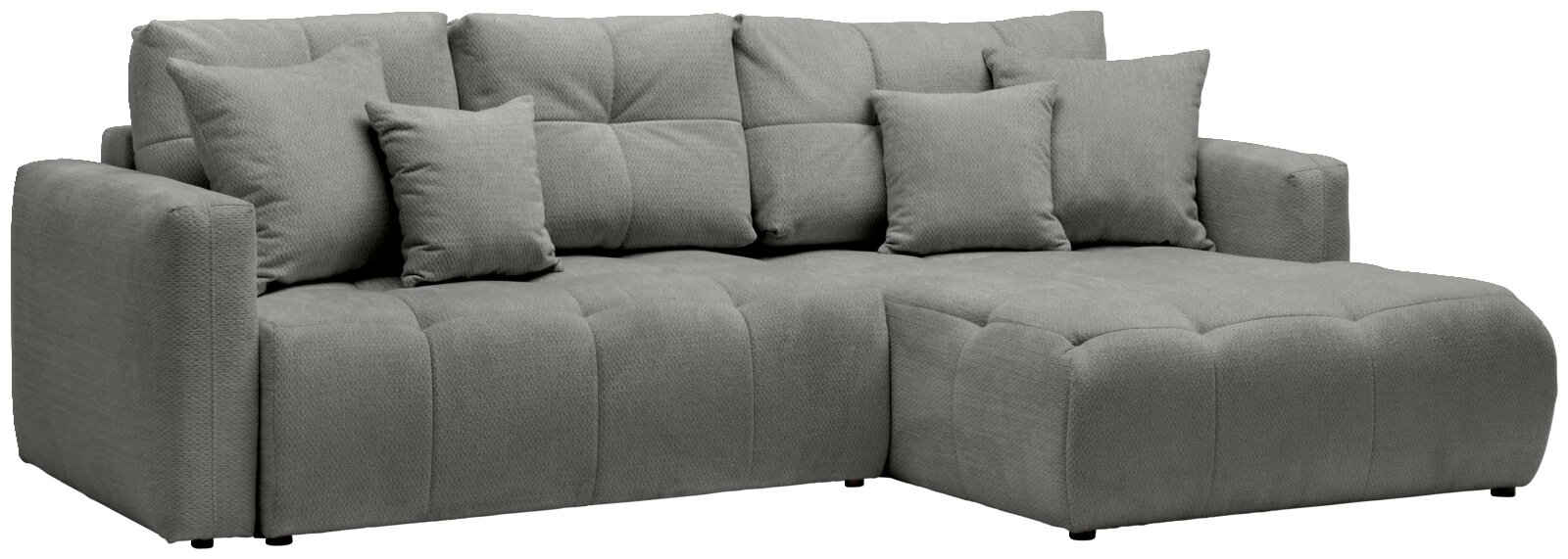 Graues Ecksofa mit mehreren Kissen, Perspektive von vorne rechts
