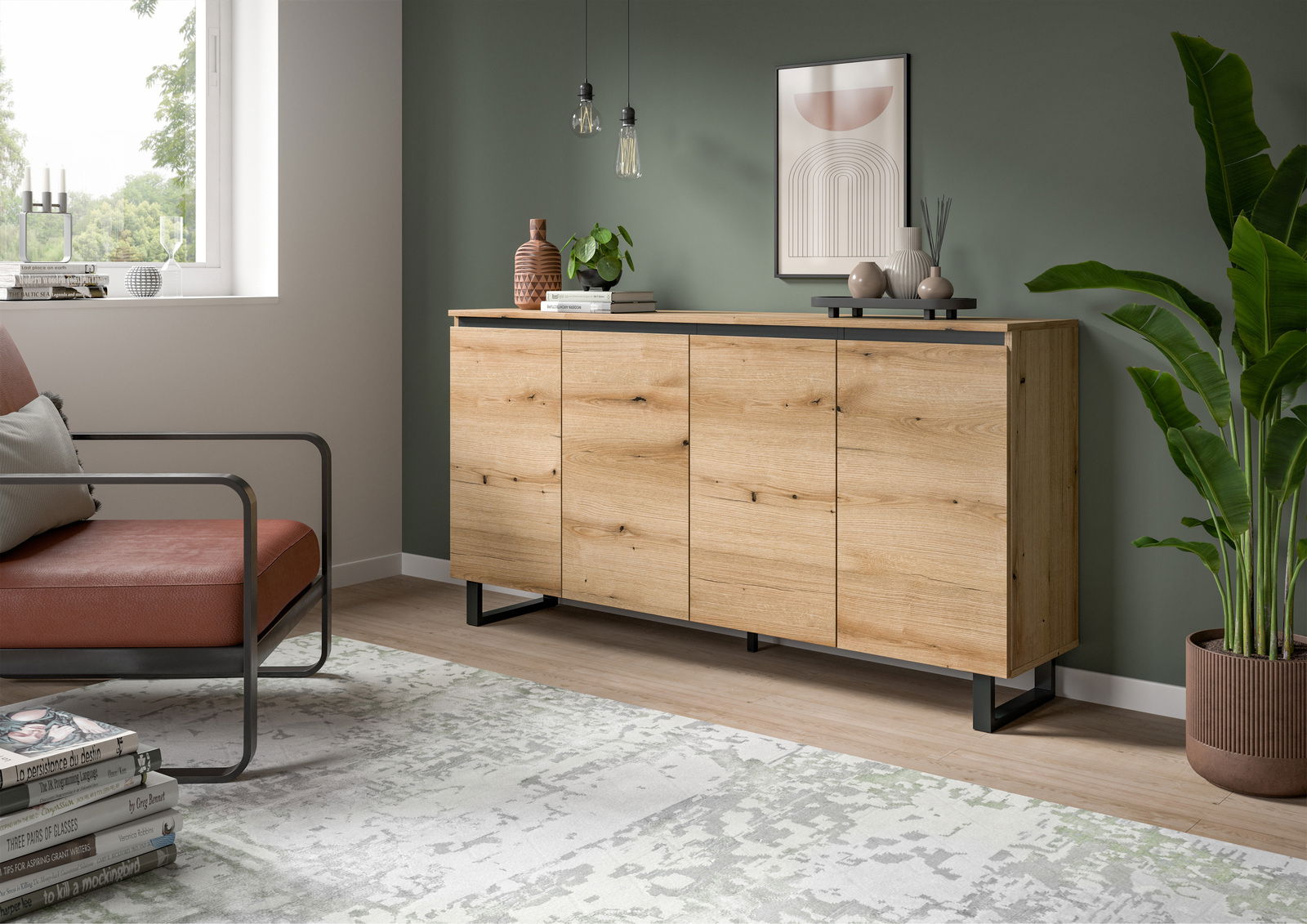 Modernes Sideboard aus Holz mit vier Türen, in einem stilvoll eingerichteten Wohnzimmer, seitliche Perspektive