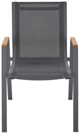 Moderner Stapelsessel mit Metallrahmen und Holzarmlehnen, Vorderansicht