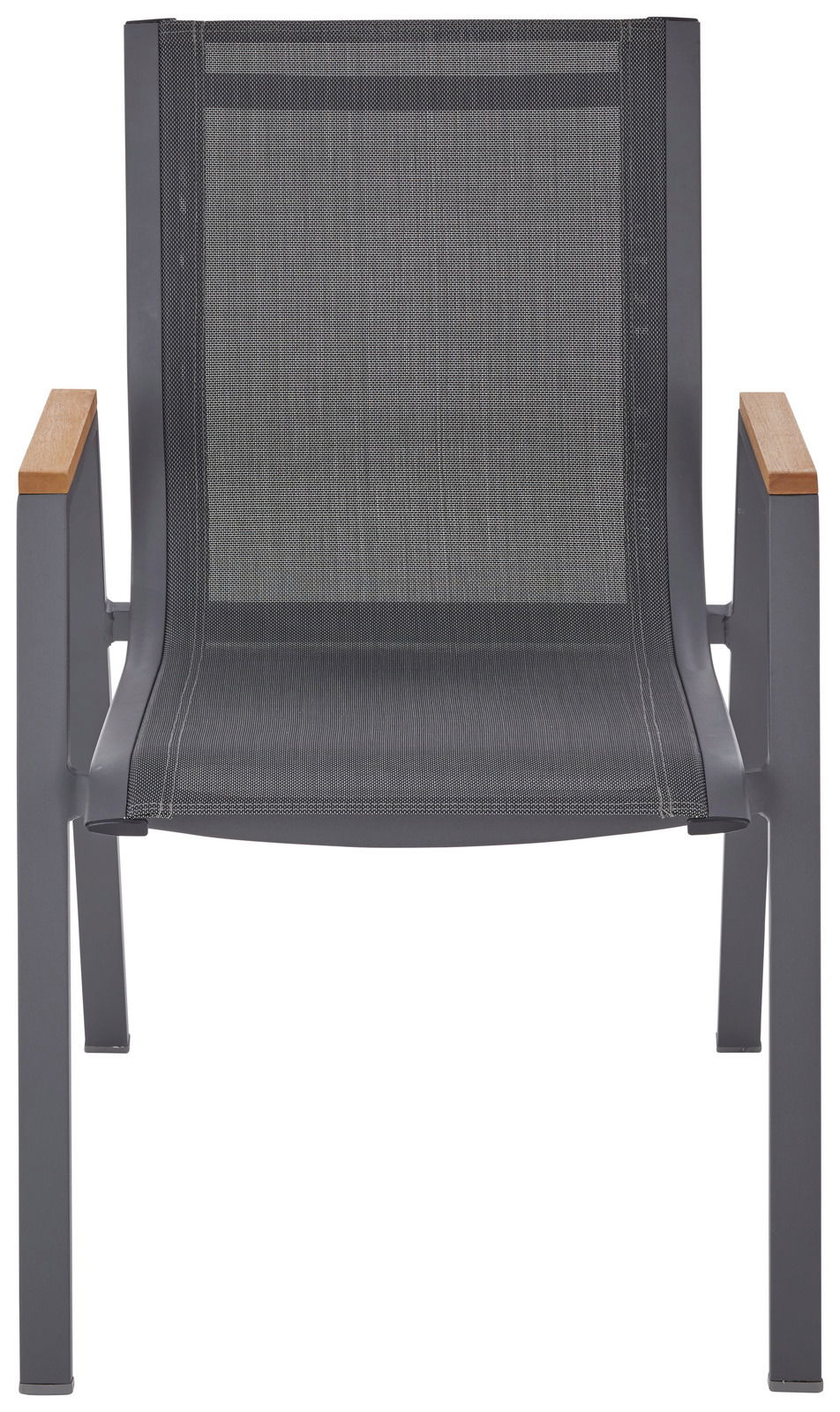 Moderner Stapelsessel mit Metallrahmen und Holzarmlehnen, Vorderansicht