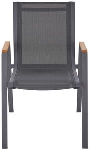 Moderner Stapelsessel mit Metallrahmen und Holzarmlehnen, Vorderansicht