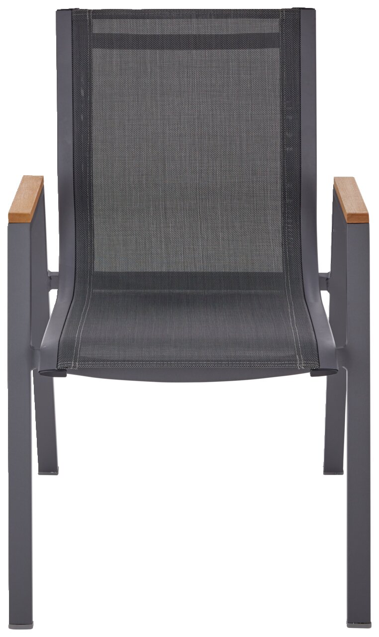 Moderner Stapelsessel mit Metallrahmen und Holzarmlehnen, Vorderansicht