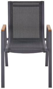 Moderner Stapelsessel mit Metallrahmen und Holzarmlehnen, Vorderansicht