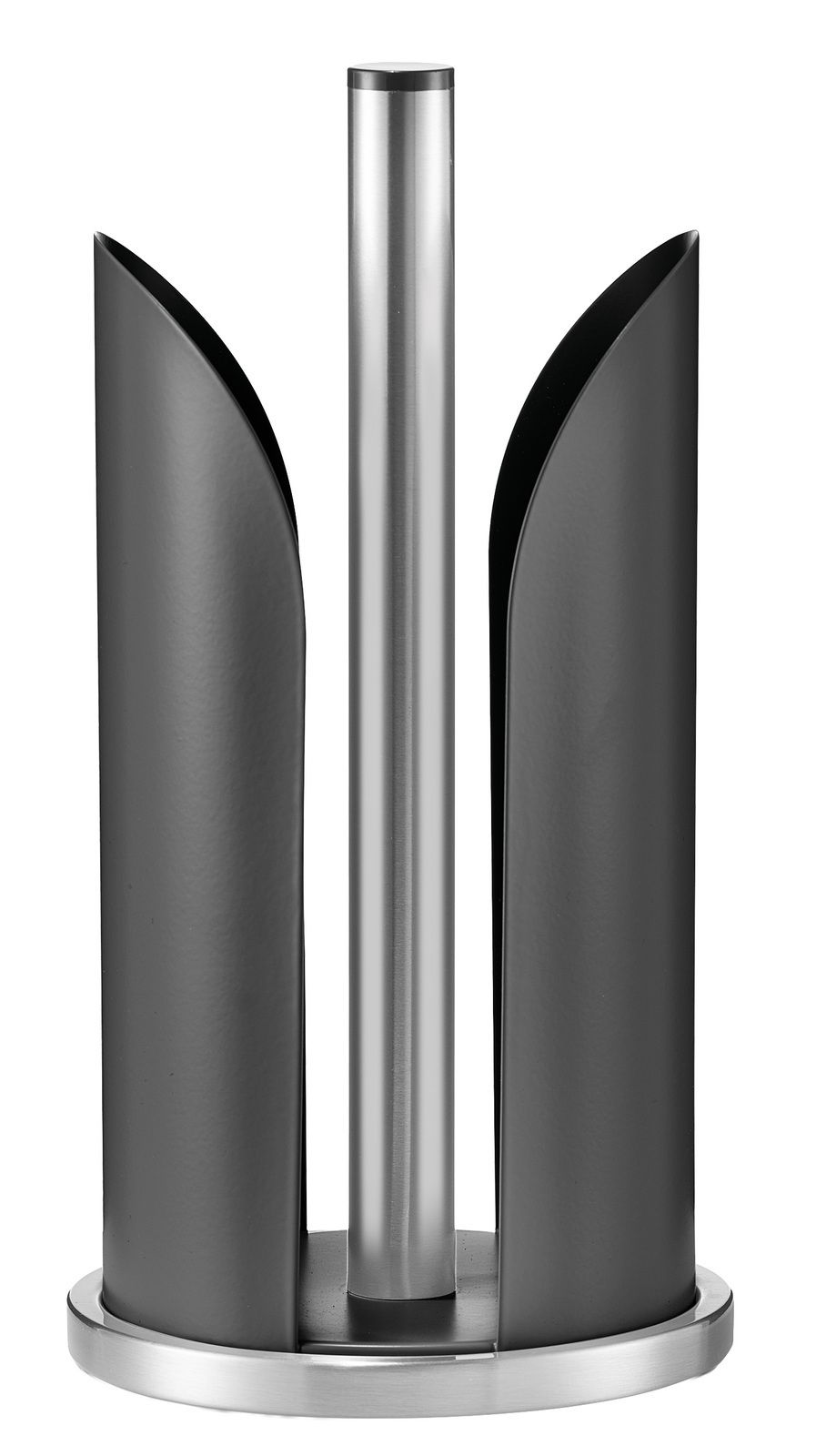 Moderner Küchenrollenhalter aus Metall in Schwarz und Silber, frontal abgebildet.