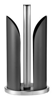 Moderner Küchenrollenhalter aus Metall in Schwarz und Silber, frontal abgebildet.