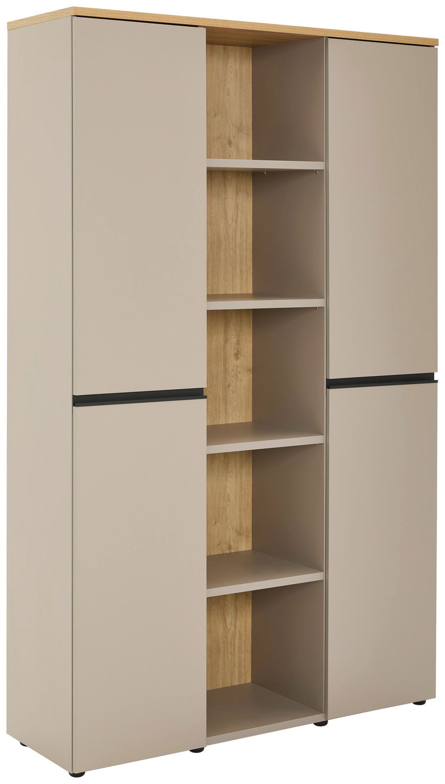 Kombischrank in Beige mit offenen Regalfächern in Holzoptik, seitliche Perspektive