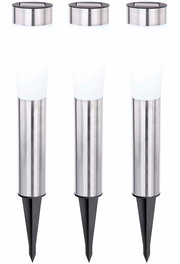 Drei Edelstahl-Solarleuchten mit spitzem Erdspieß, frontal abgebildet.