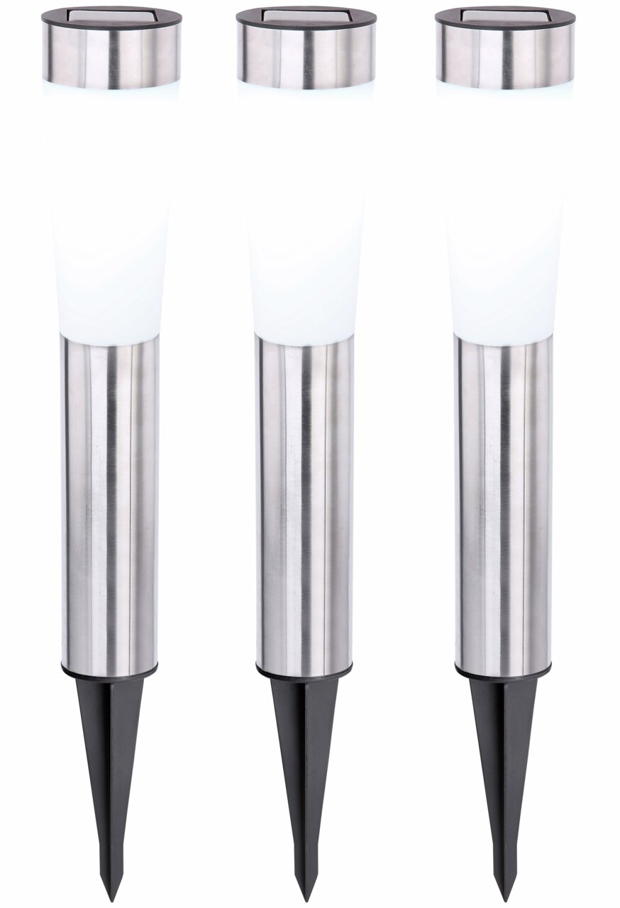 Drei Edelstahl-Solarleuchten mit spitzem Erdspieß, frontal abgebildet.