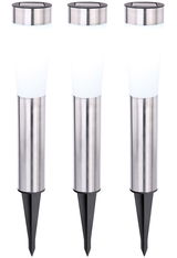 Drei Edelstahl-Solarleuchten mit spitzem Erdspieß, frontal abgebildet.